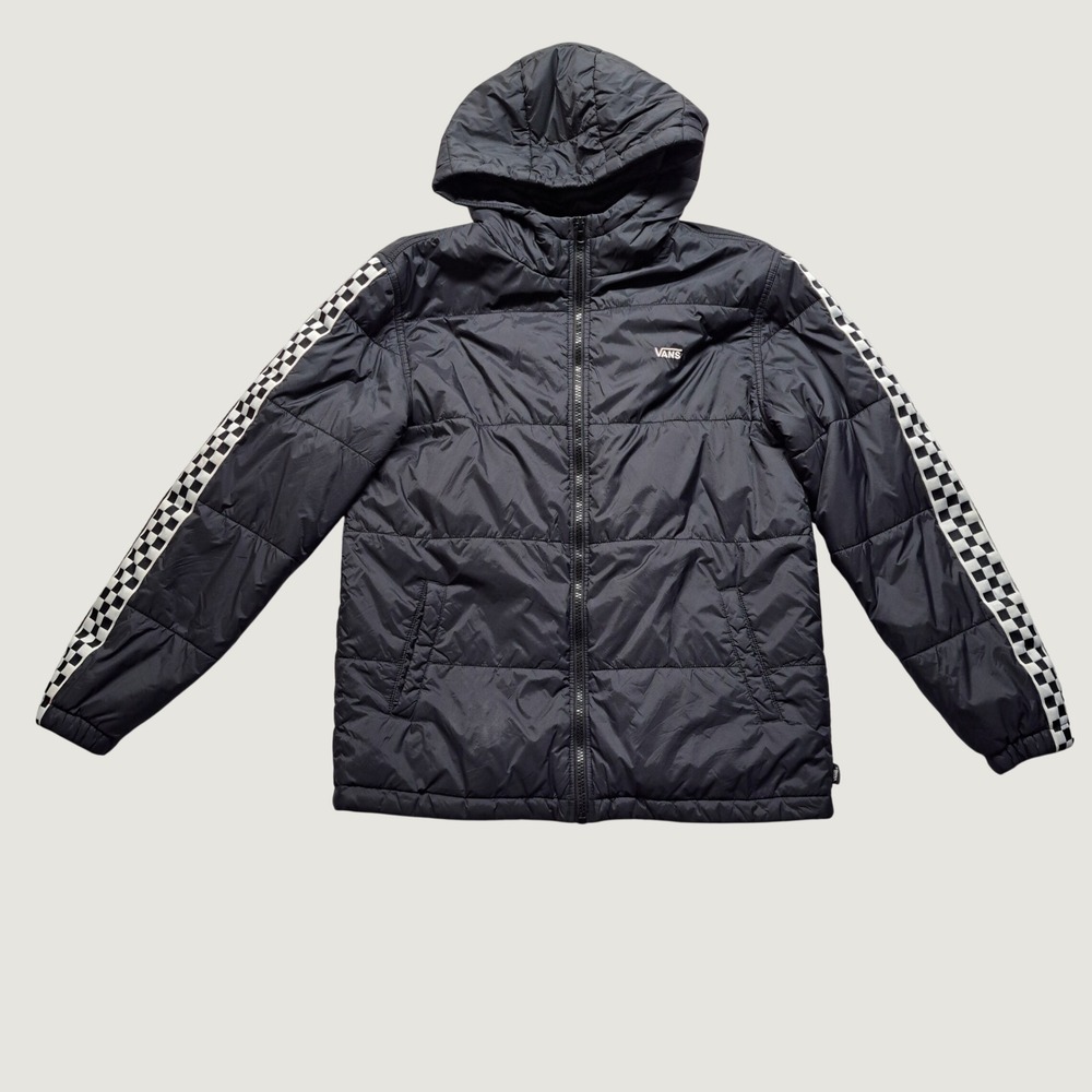 Vans Puffer Jacket Youth XL Black Good Checkerboard Sleeve Hooded Zip